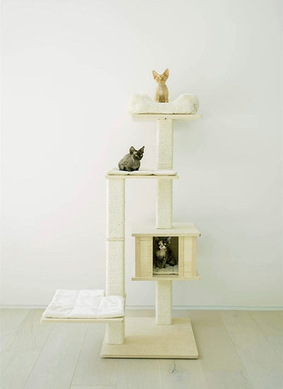 PAWMONA Multi-Level Cat Tree Bed Condo, 60", Indoor Cat Tower with Square-Shaped Scratching Posts for Cats and Kittens, 4 Beds, 1 Covered, Made from Natural Birch Wood and Natural Sisal Matting, Cream