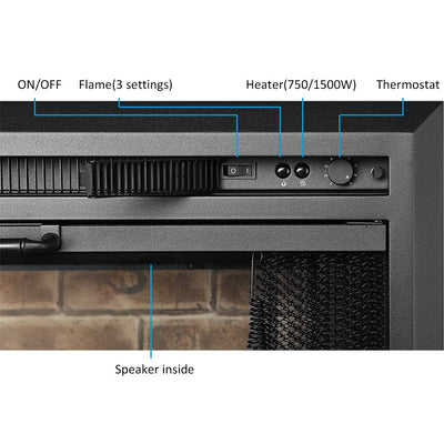 PuraFlame Klaus Electric Fireplace Insert with Fire Crackling Sound, Glass Door and Mesh Screen, 750/1500W, Black, 33 1/16 Inches Wide, 21 Inches High**New in box**