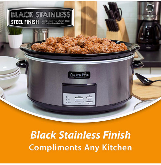 Crockpot 8 Quart Slow Cooker with Auto Warm Setting and Cookbook, Black Stainless Steel**new in box**