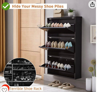 SPACEROCK 3 Drawer Shoe Storage Cabinet Wall Mounted & No-Assembly 25“ Metal Shoe Cabinet for Entryway, Hallway, and Corridor, Holds 12 Pair Shoes, Black- NEW IN BOX