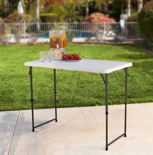 Lifetime 4' Fold-In-Half Adjustable Table, White Granite- NEW OUT OF BOX,small dents from shipping