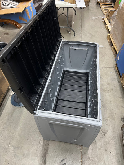 Keter Novel Outdoor 90 Gallon Plastic Deck Box, Black!! NEW AND ASSEMBLED, SIDE CRACKED(PHOTOS SHOWN)!!