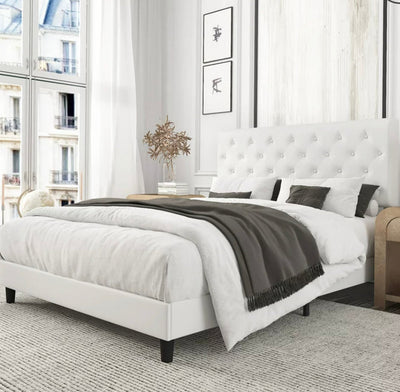 Amolife Queen Bed Frame with Adjustable Headboard, Diamond Button Tufted Style, White- NEW IN BOX!!!!