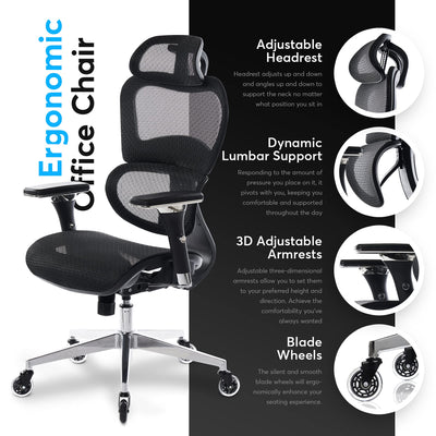 Oline ErgoPro Ergonomic Office Chair - Rolling Desk Chair with 4D Adjustable Armrest, 3D Lumbar Support and Blade Wheels - Mesh Computer Chair, Gaming Chairs, Executive Swivel Chair (Black)**New and assembled**