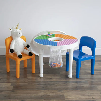 Humble Crew Kids 3pc Plastic Dry-Erase Activity Table & Chair Set with 100 Building Blocks, White, Orange, Blue**New in box**