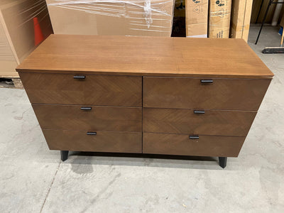 Modway Kali Mid-Century Modern Wood Dresser in Walnut!! NEW AND ASSEMBLED, DAMAGED FROM SHIPPING BUT DRESSER STILL STRUCTURALLY SOUND!!