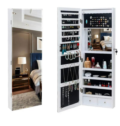 UBesGoo Jewelry Cabinet Box Full Mirror Wooden Wall Mounted 4-Layer Shelf 2 Drawers With Inner Mirror, White- NEW IN BOX!!!