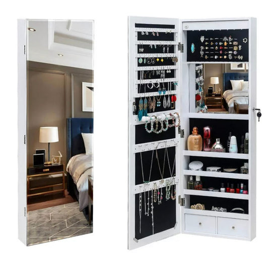 UBesGoo Jewelry Cabinet Box Full Mirror Wooden Wall Mounted 4-Layer Shelf 2 Drawers With Inner Mirror, White- NEW IN BOX!!!