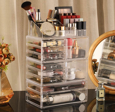 Cq acrylic Clear Makeup Storage Organizer Drawers Skin Care X Large Cosmetic Display Cases Stackable Storage Box With 10 Drawers For Dresser,Set of 4- NEW OUT OF BOX!!!