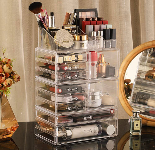 Cq acrylic Clear Makeup Storage Organizer Drawers Skin Care X Large Cosmetic Display Cases Stackable Storage Box With 10 Drawers For Dresser,Set of 4- NEW OUT OF BOX!!!