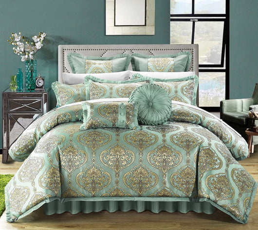 Chic Home 9 Piece Como Decorator Upholstery Quality Jacquard Motif Fabric Bedroom Comforter Set & Pillows Ensemble, King, Blue- NEW IN BAG