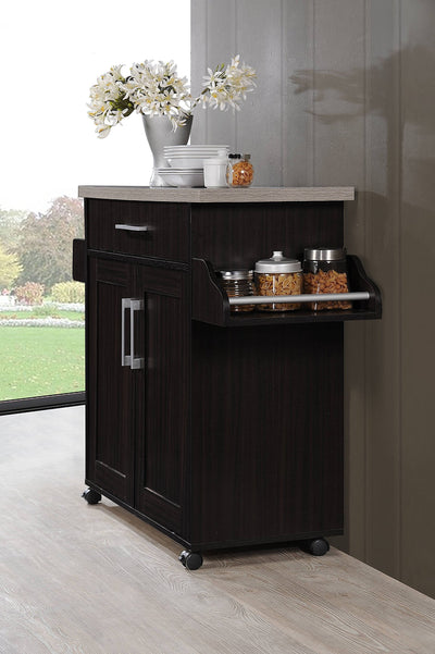 Hodedah Kitchen Island with Spice Rack, Towel Rack & Drawer, Chocolate with Grey Top**New in box**