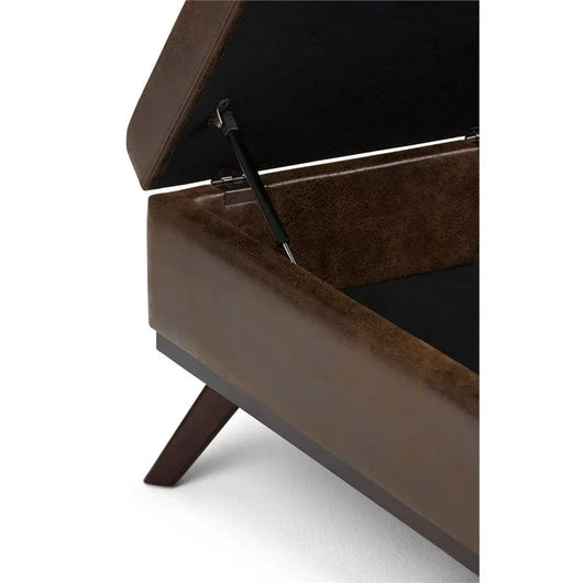 Simpli Home Owen Faux Air Leather Square Coffee Table Ottoman in Chestnut Brown**New and assembled,minor alignment issue shown in photo**