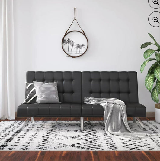 River Street Designs Emily Convertible Tufted Futon Sofa, Black Faux Leather- NEW IN BOX!!!!