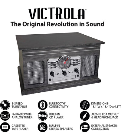 Victrola Nostalgic 6-in-1 Bluetooth Record Player & Multimedia Center with Built-in Speakers - 3-Speed Turntable, CD & Cassette Player, AM/FM Radio, Wireless Music Streaming, Grey wood!! NEW IN BOX!!