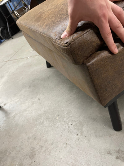 Simpli Home Owen Faux Air Leather Square Coffee Table Ottoman in Chestnut Brown**New and assembled,minor alignment issue shown in photo**