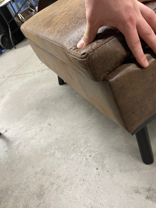 Simpli Home Owen Faux Air Leather Square Coffee Table Ottoman in Chestnut Brown**New and assembled,minor alignment issue shown in photo**