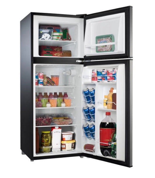 Galanz 4.6. Cu ft Two Door Mini Fridge with Freezer, Stainless Steel Look!! NEW OUT OF BOX, MINOR DENTS FROM SHIPPING(PHOTOS SHOWN)!!