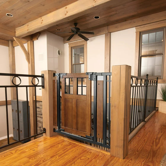Evenflo Barn Door Walk-Thru Wood Baby Gate, Pressure/Hardware Mount, Stair Stopper, Whisper Swing, 29" - 43", Farmhouse Collection**New in box**