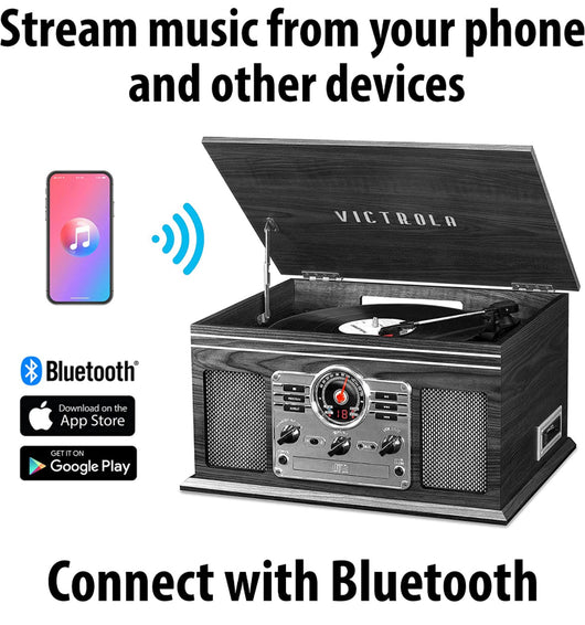 Victrola Nostalgic 6-in-1 Bluetooth Record Player & Multimedia Center with Built-in Speakers - 3-Speed Turntable, CD & Cassette Player, AM/FM Radio, Wireless Music Streaming, Grey wood!! NEW IN BOX!!
