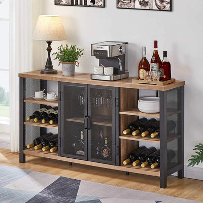 FATORRI Industrial Wine Bar Cabinet for Liquor and Glasses, Farmhouse Wood Coffee Bar Cabinet with Wine Rack, Metal Sideboard and Buffet Cabinet (55 Inch, Rustic Oak)**New in box**