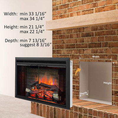 PuraFlame Klaus Electric Fireplace Insert with Fire Crackling Sound, Glass Door and Mesh Screen, 750/1500W, Black, 33 1/16 Inches Wide, 21 Inches High**New in box**