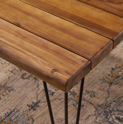 River Street Designs Rueben Indoor/Outdoor 72” Rectangular Acacia Wood Table and Hairpin Leg Dining Table, Teak Finish, Rustic Metal Legs!! NEW AND ASSEMBLED!!!