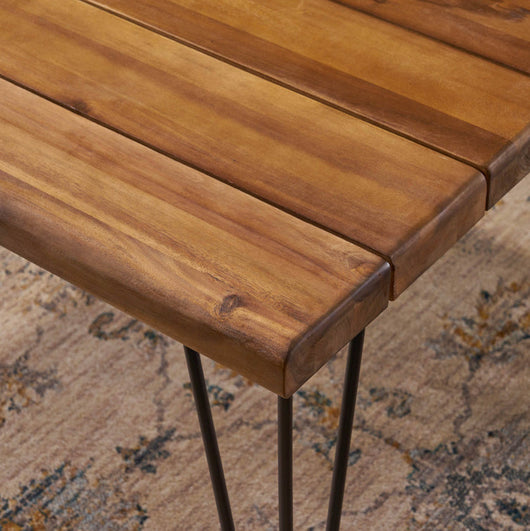 River Street Designs Rueben Indoor/Outdoor 72” Rectangular Acacia Wood Table and Hairpin Leg Dining Table, Teak Finish, Rustic Metal Legs!! NEW AND ASSEMBLED!!!