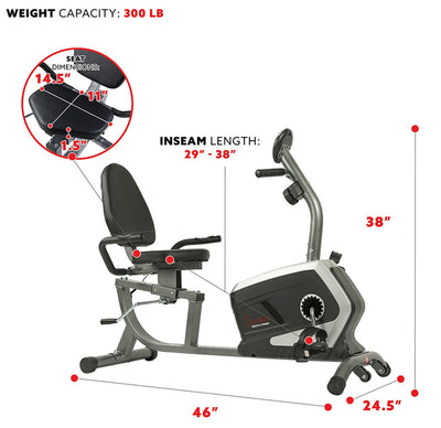 Sunny Health & Fitness Stationary Magnetic Workout Recumbent Exercise Cycle Bike, Adjustable Seat, 300 Lb Max Capacity!! NEW IN BOX!!