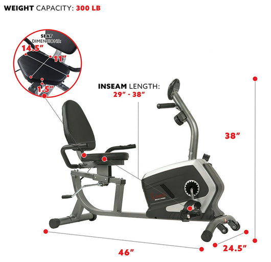 Sunny Health & Fitness Stationary Magnetic Workout Recumbent Exercise Cycle Bike, Adjustable Seat, 300 Lb Max Capacity!! NEW IN BOX!!