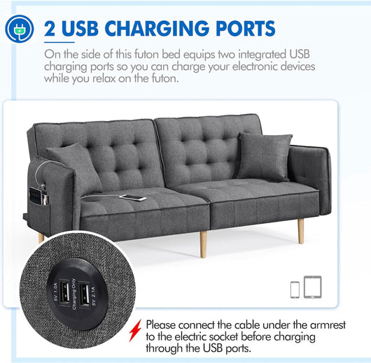 Yaheetech Futon Sofa Bed with USB Ports,Fabric Tufted Split-Back Daybed, Dark Gray!! NEW AND ASSEMBLED!!