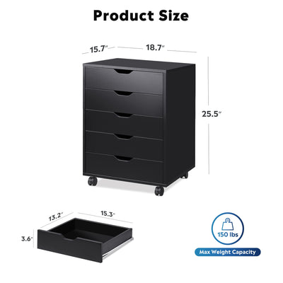 DEVAISE 5-Drawer Chest, Wood Storage Dresser Cabinet with Wheels, Black**New in box**
