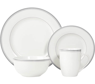 Amazon Basics 16-Piece Cafe Stripe Kitchen Dinnerware Set, Plates, Bowls, Mugs - Service for 4, Grey- NEW IN BOX!!!