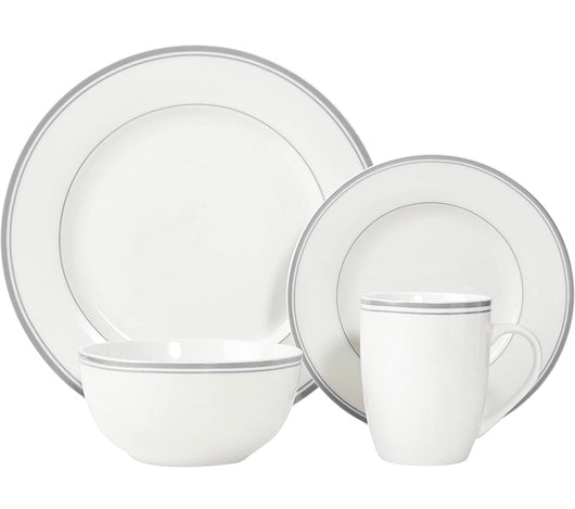 Amazon Basics 16-Piece Cafe Stripe Kitchen Dinnerware Set, Plates, Bowls, Mugs - Service for 4, Grey- NEW IN BOX!!!