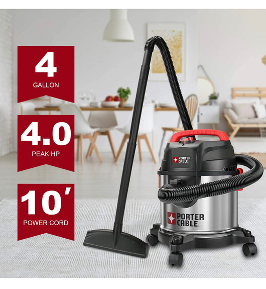PORTER-CABLE Wet/Dry Vacuum 4 Gallon 4HP Stainless Steel Light Weight Portable, 3 in 1 Function with Attachments, Silver+red**New in box**