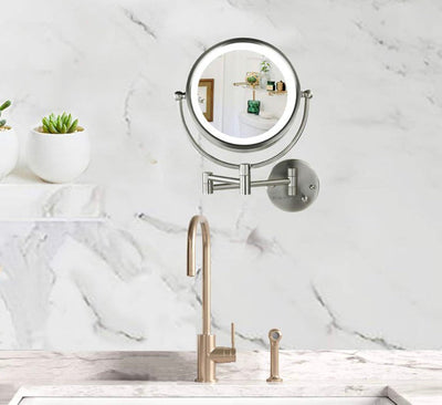 Ovente Lighted Wall Mounted Makeup Mirrors 8.5 Inch 1X 7X Magnifying Dimmable Circular LED Extended Neck Vanities 360 Degree Double Side Hardwired Install Operated Large, Nickel Brushed- NEW IN BOX!!!