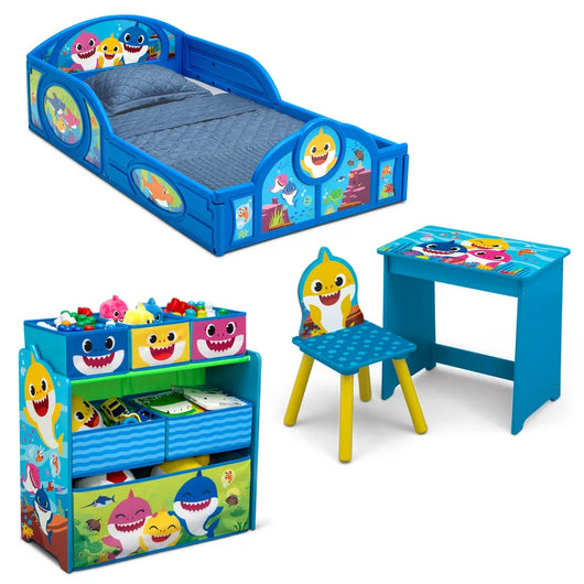 Baby Shark 4-Piece Room-in-a-Box Bedroom Set by Delta Children - Includes Sleep & Play Toddler Bed, 6 Bin Design & Store Toy Organizer and Art Desk with Chair**New in Box**