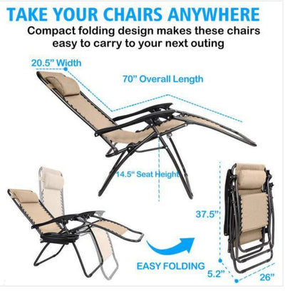 Folding Zero Gravity Steel Outdoor Patio Premier Recliner Gravity Chair with Pillow and Cup Holder (2-Pack)!! BRAND NEW!!