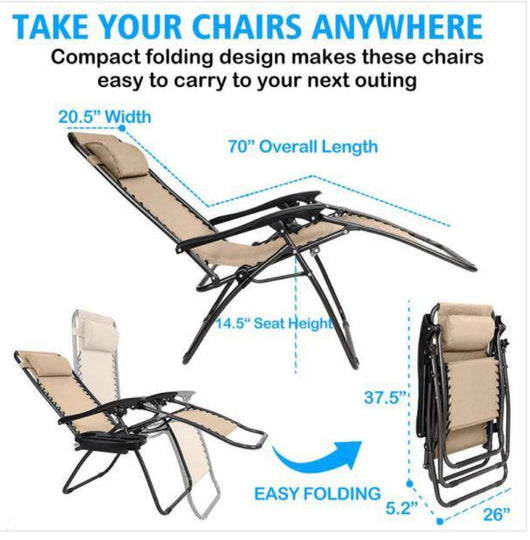 Folding Zero Gravity Steel Outdoor Patio Premier Recliner Gravity Chair with Pillow and Cup Holder (2-Pack)!! BRAND NEW!!