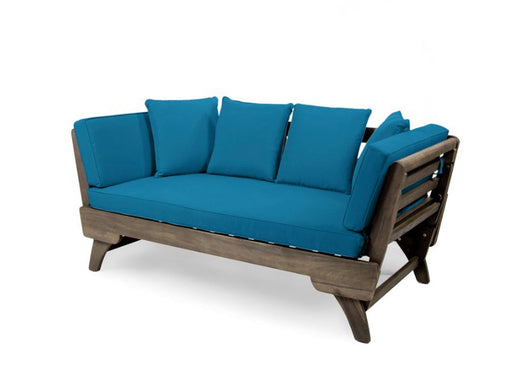 Othello Outdoor Acacia Wood Expandable Daybed with Water Resistant Cushions, Dark Teal and Gray- NEW AND ASSEMBLED!!!
