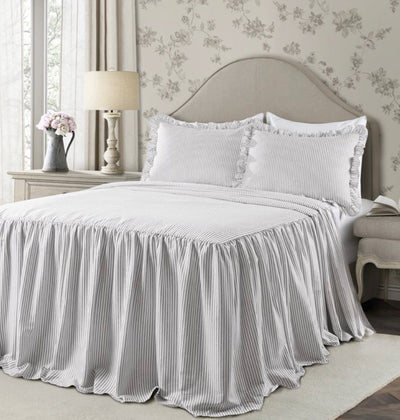 Lush Decor Ticking Stripe Ruffle Detail Bedspread, Full, Gray, 3-Pc Set- NEW IN BAG!!!