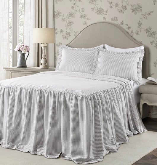 Lush Decor Ticking Stripe Ruffle Detail Bedspread, Full, Gray, 3-Pc Set- NEW IN BAG!!!