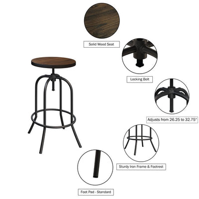 Lavish Home Adjustable Backless Swivel Bar Stool with Rounded Iron Tube Frame, Dark Walnut, Set of 2**New in box**