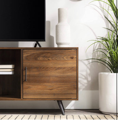 Walker Edison Saxon - TV stand with glass shelf, 2-door, mid-century modern style, for TVs up to 80 inches, 70 inches, dark walnut!  -Brand new in the box