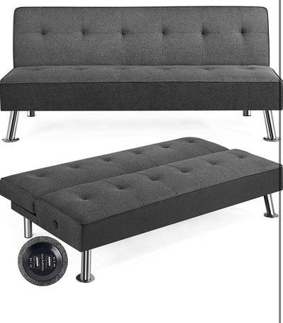 Yaheetech Modern Convertible Futon Sofa Bed w/ 2 Integrated USB Charging Ports Fabric Loveseat Couch Metal Legs, 3 Angles Adjustable Back for Compact Living Space, Apartment, Dorm, Bonus Room Gray**New in Box**