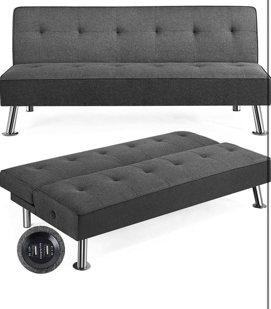 Yaheetech Modern Convertible Futon Sofa Bed w/ 2 Integrated USB Charging Ports Fabric Loveseat Couch Metal Legs, 3 Angles Adjustable Back for Compact Living Space, Apartment, Dorm, Bonus Room Gray**New in Box**