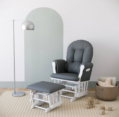 Storkcraft Hoop Glider and Ottoman, White Finish with Gray Cushions- NEW IN BOX!!!