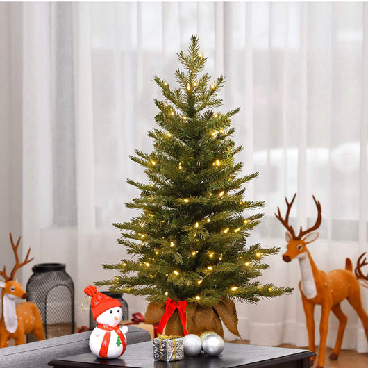 National Tree Company Pre-Lit 'Feel Real' Artificial Mini Christmas Tree, Green, Nordic Spruce, White Lights, Includes Burlap Bag Base, 3 Feet!! NEW OUT OF BOX!!