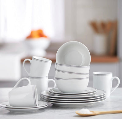 Amazon Basics 16-Piece Cafe Stripe Kitchen Dinnerware Set, Plates, Bowls, Mugs - Service for 4, Grey- NEW IN BOX!!!