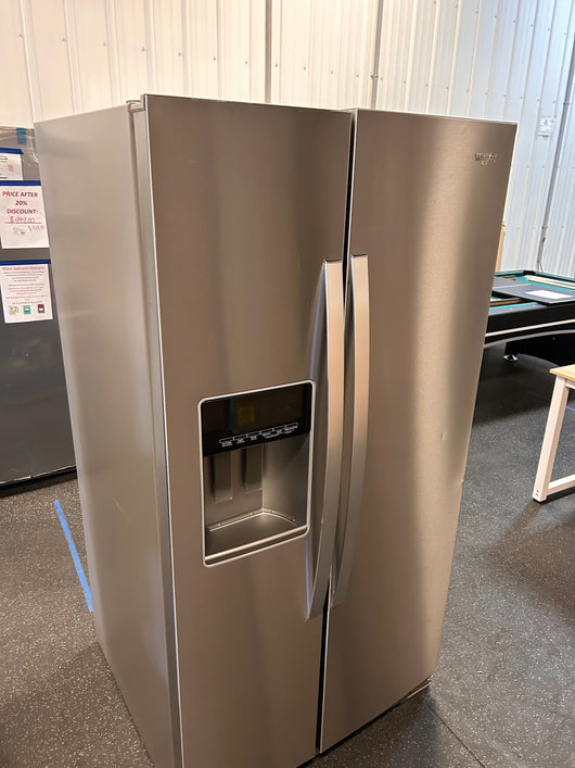 Whirlpool 28.4-cu ft Side-by-Side Refrigerator with Ice Maker (Fingerprint Resistant Stainless Steel)!  -Brand new but was very lightly dented on the right edge of one door, photos shown